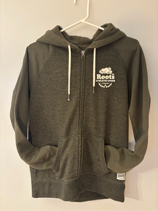 Roots Sweaters - Roots woman’s  Olive Green Zip-Up Hoodie with White Logo
